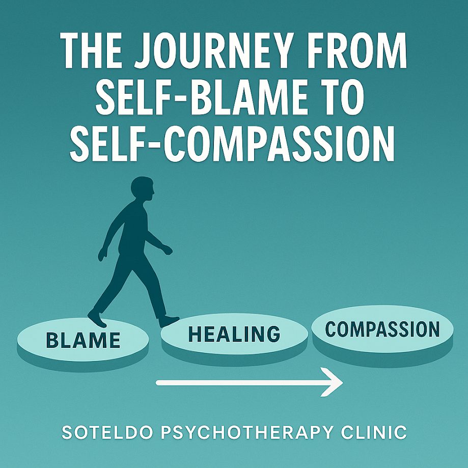 Illustration representing the progression from self-blame toward healing and self-compassion.