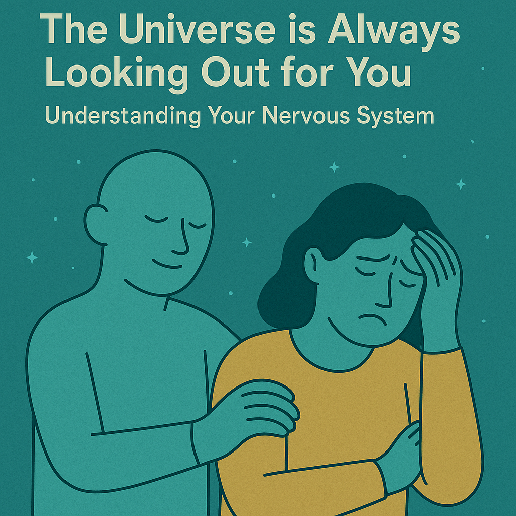 Illustration of a supportive figure comforting a stressed person, representing the universe looking out for you and nervous system support