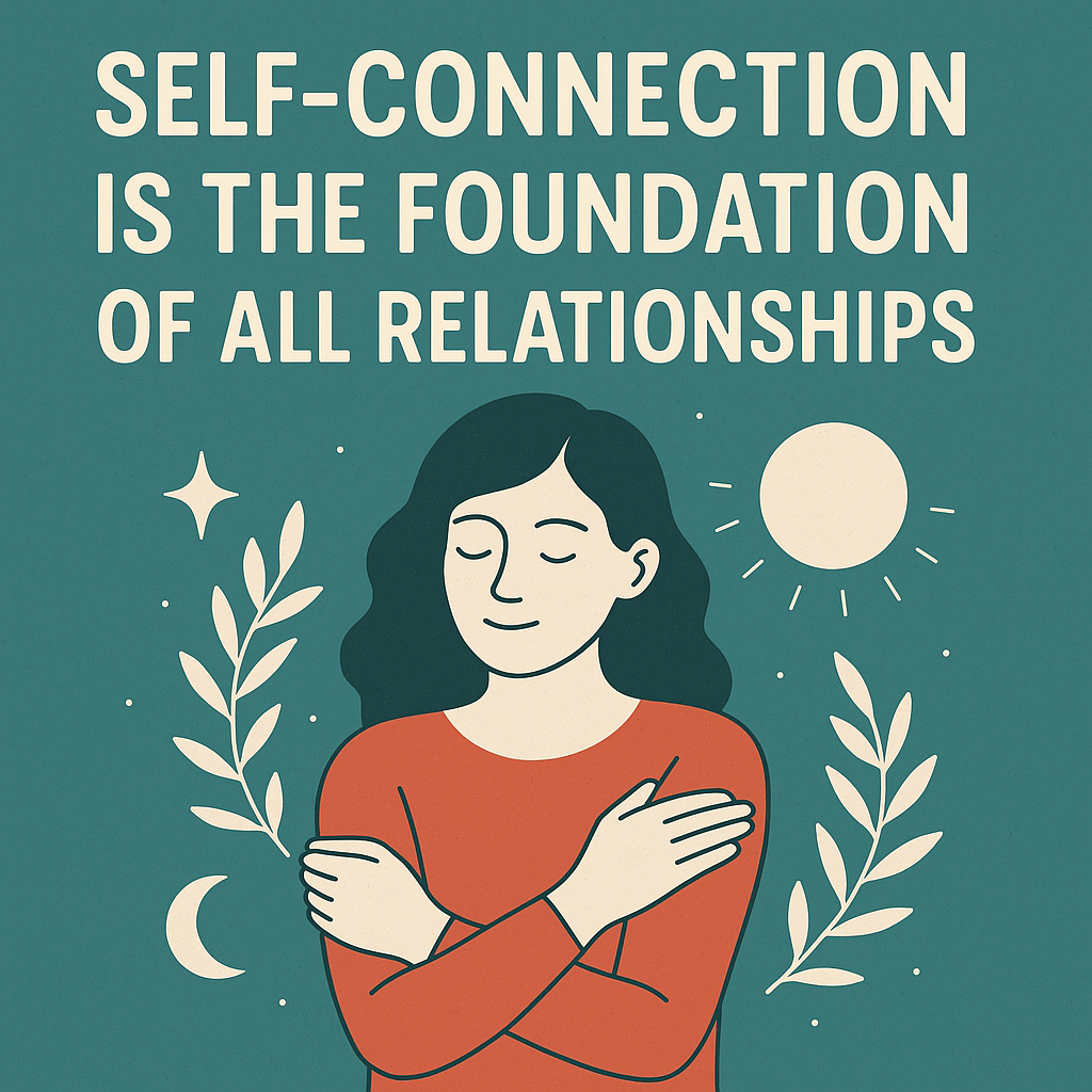 Illustration of a person hugging themselves symbolizing self-connection and healthy relationships