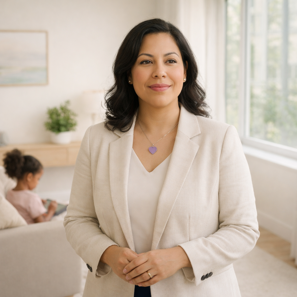 A calm, confident woman standing in a bright living room while a young child plays on a sofa in the background, conveying a sense of stability, support, and mindful parenting in a peaceful home environment.