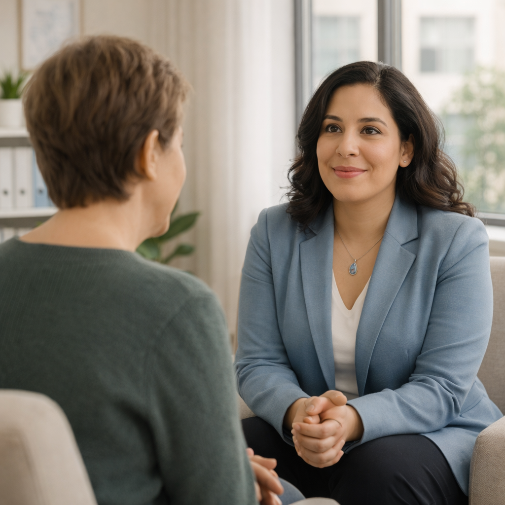 A compassionate counselor sitting face to face with another adult in a quiet office, hands clasped and listening attentively in a calm, supportive counseling environment.
