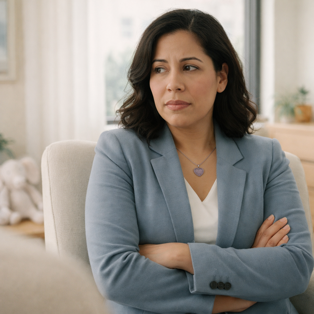 Woman standing alone in a bright room with arms crossed, appearing guarded and emotionally tense.