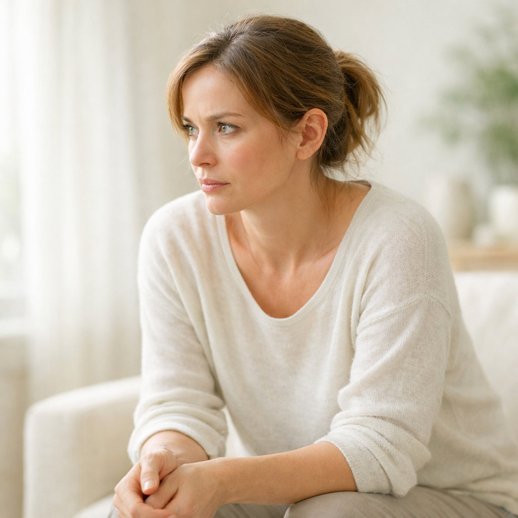 Woman sitting alone in a bright room, appearing tense and emotionally fatigued.