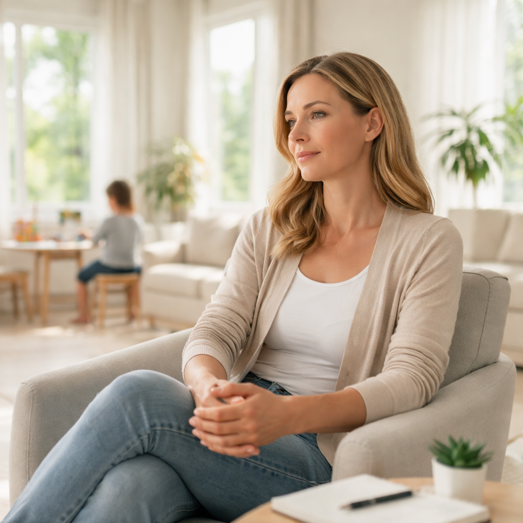 Calm parent seated in a bright living room, appearing composed and emotionally grounded.