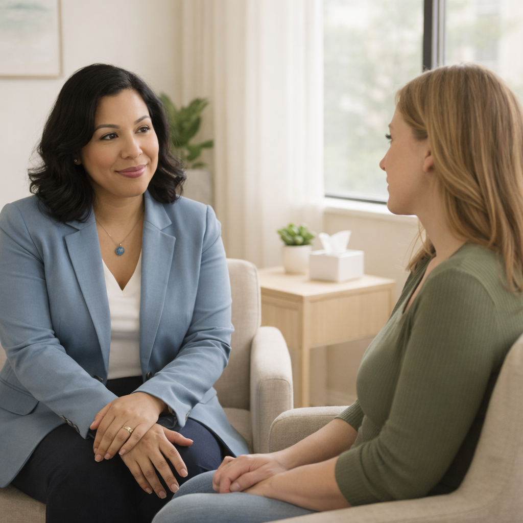 Therapist listening attentively to a client in a calm, bright therapy office.