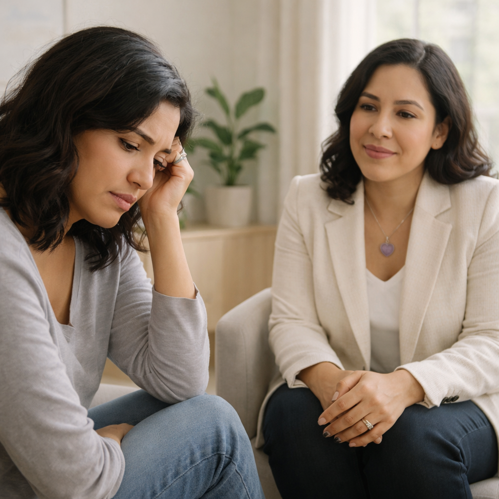 “Client expressing emotional strain while a therapist listens supportively in a bright therapy office.