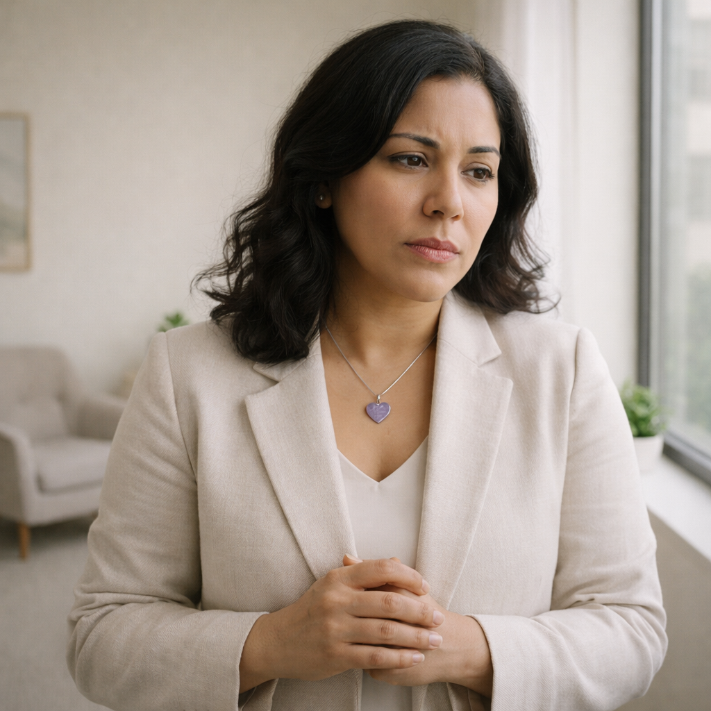 Thoughtful adult woman in a calm therapy space, appearing composed yet quietly overwhelmed.