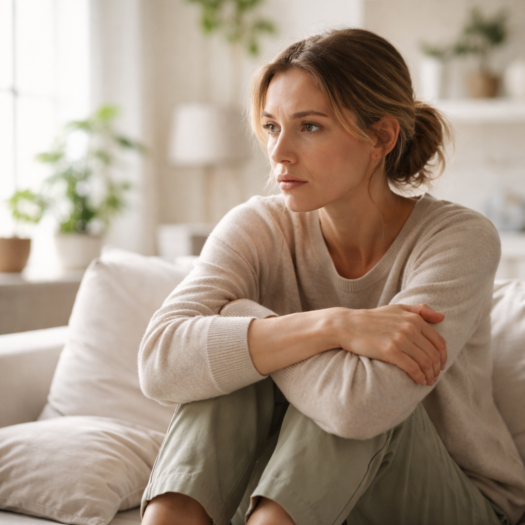 Pensive adult woman seated on a couch, holding her knees, appearing calm but internally on edge.