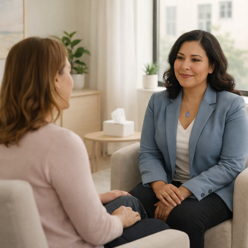 Therapist and adult client seated face to face in a calm, light-filled office, conveying safety and supportive trauma-informed care.