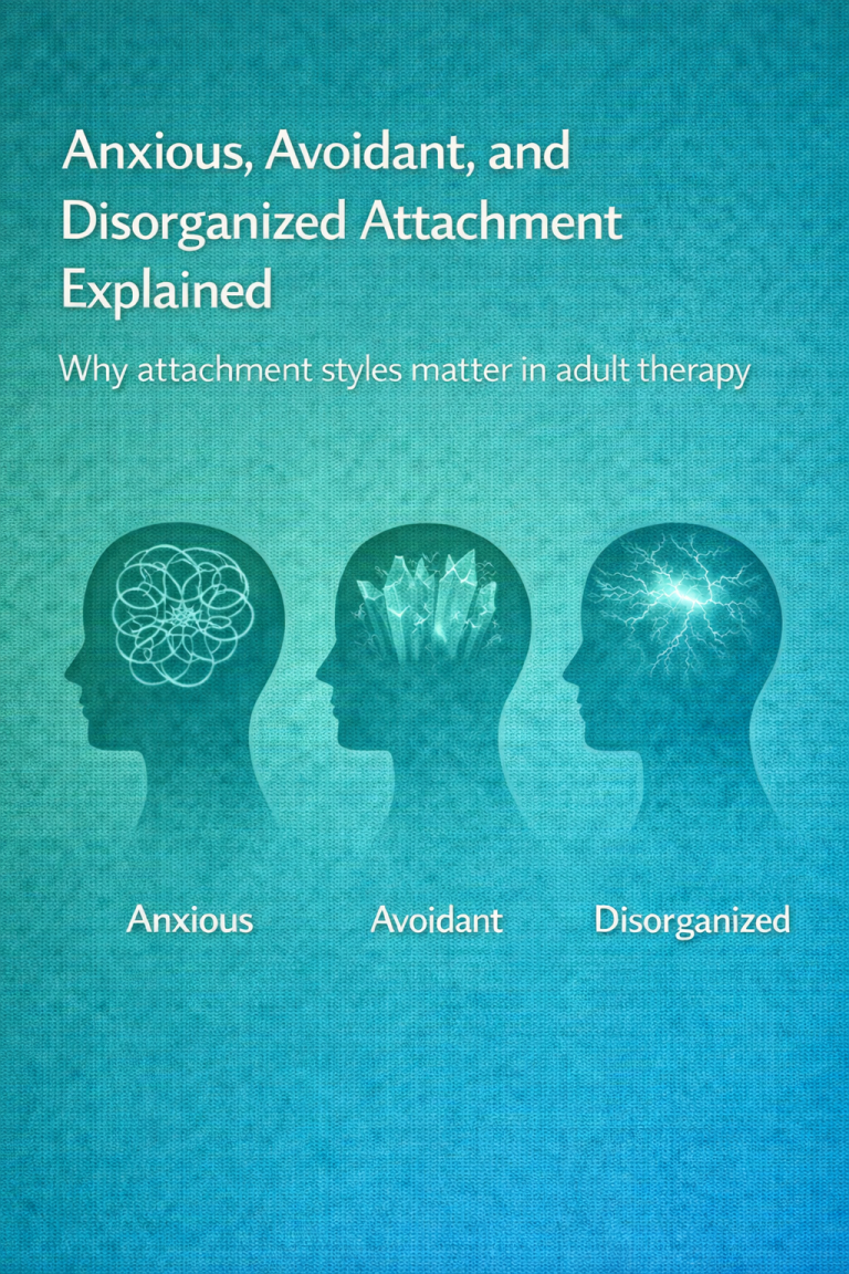 Graphic showing three human head silhouettes labeled anxious, avoidant, and disorganized attachment, illustrating different adult attachment styles.