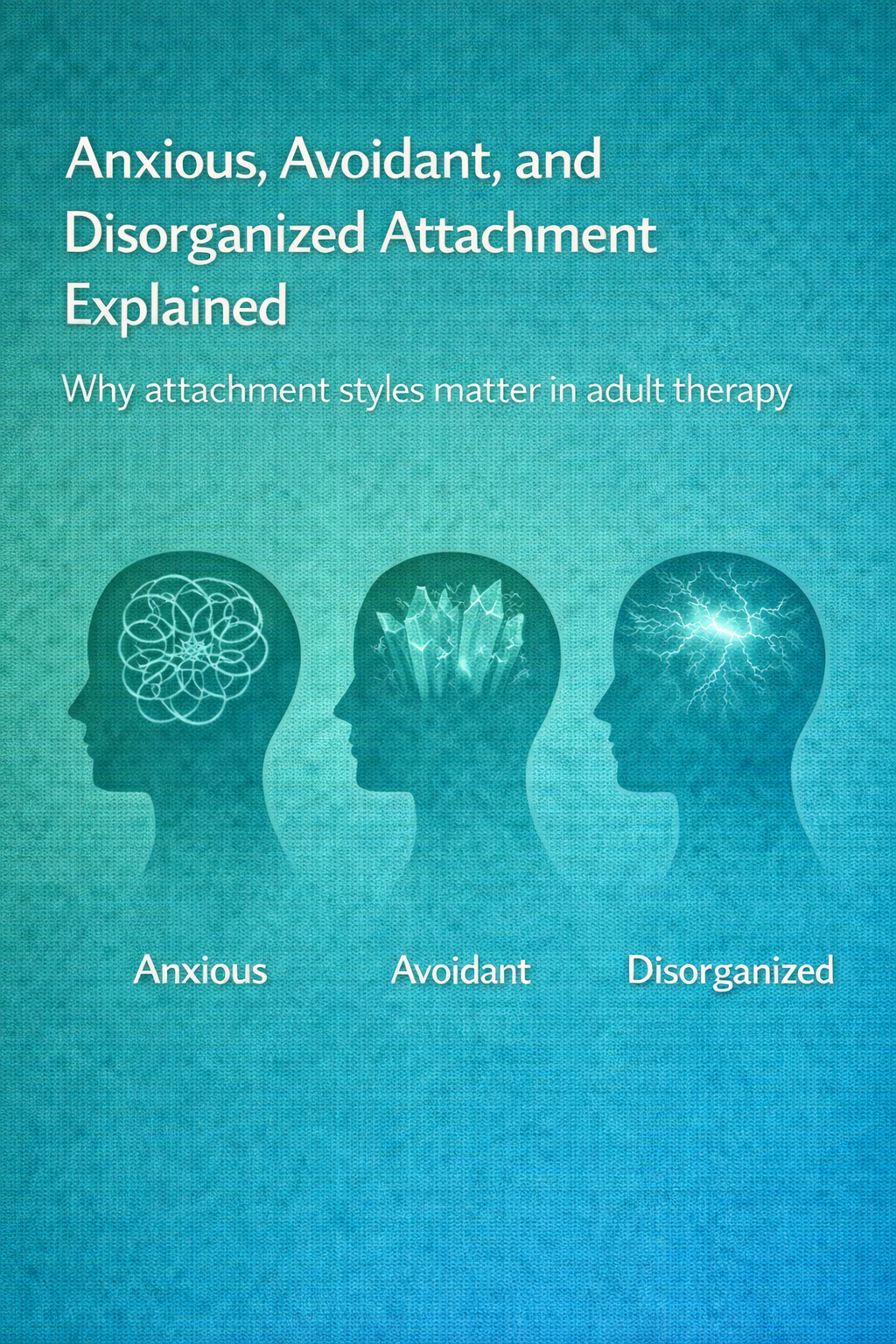 Graphic showing three human head silhouettes labeled anxious, avoidant, and disorganized attachment, illustrating different adult attachment styles.