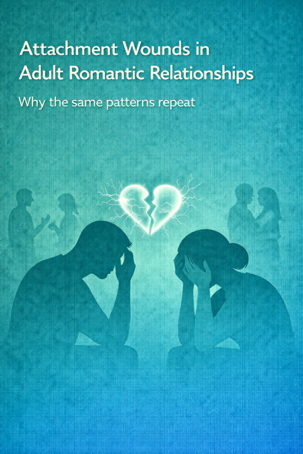 Illustration of two seated silhouettes holding their heads in distress beneath a glowing broken heart, with faint couples in the background, representing repeated attachment wounds in adult romantic relationships.