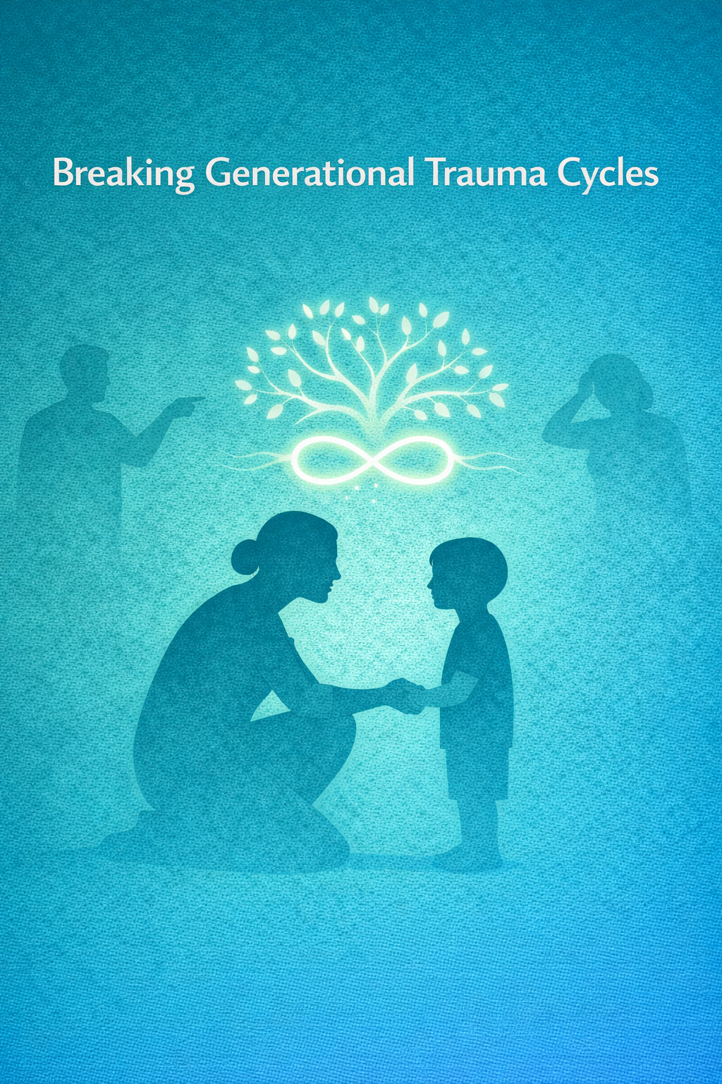 Illustration of a parent gently holding a child’s hands beneath a glowing tree, symbolizing breaking generational trauma cycles.
