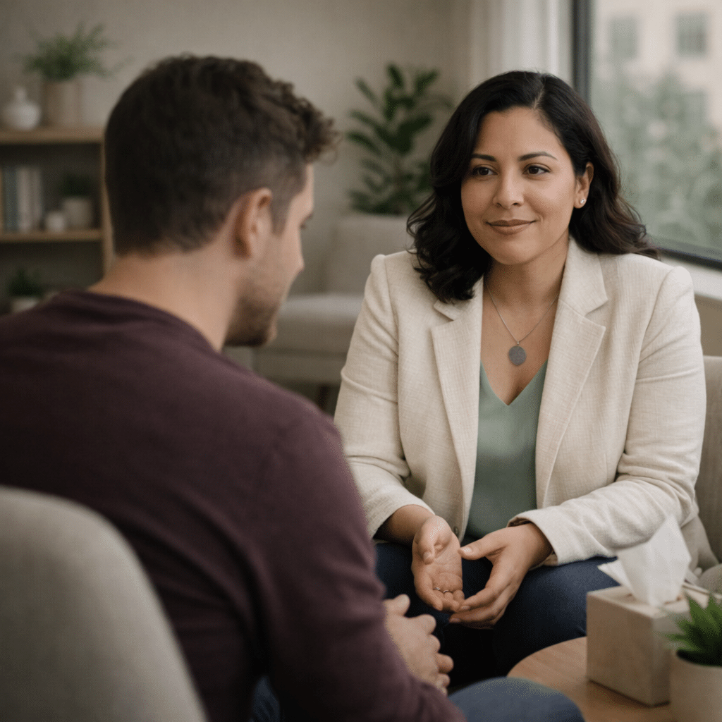 A therapist listening attentively to a man during a counseling session in a bright, modern office, with both seated facing each other in a calm, supportive setting.