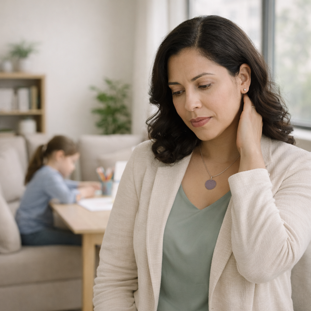 A thoughtful woman standing indoors with a child drawing at a table in the background, gently touching her neck in a calm, softly lit home or counseling environment.