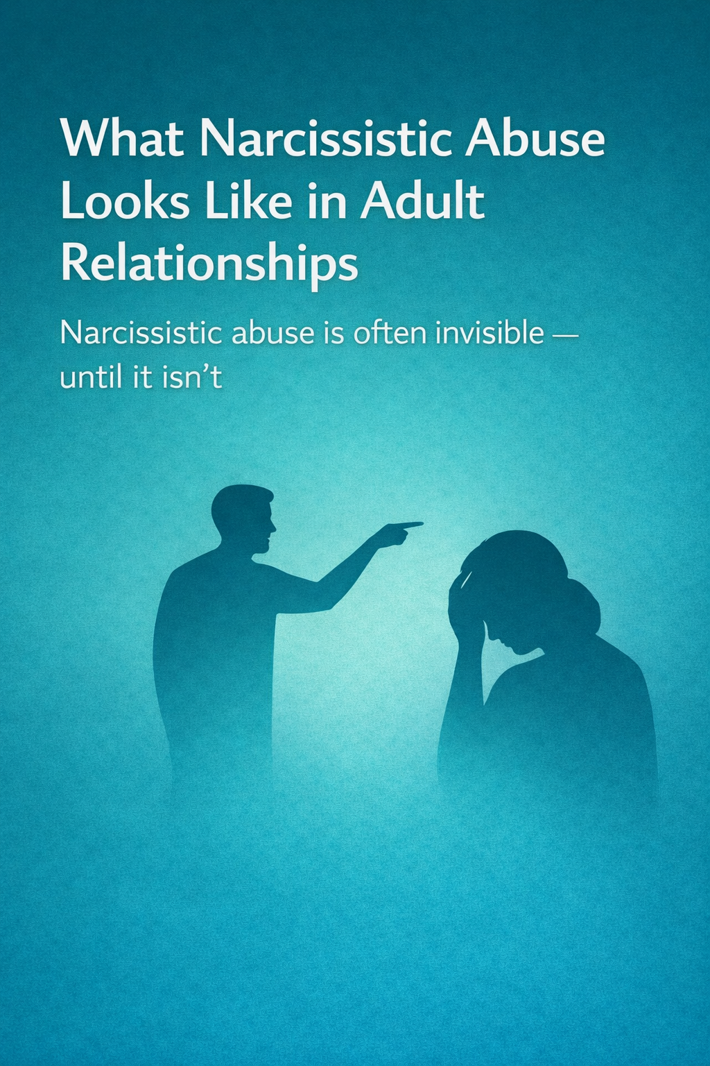Illustration showing one adult figure pointing aggressively at another who holds their head, symbolizing narcissistic abuse in adult relationships.