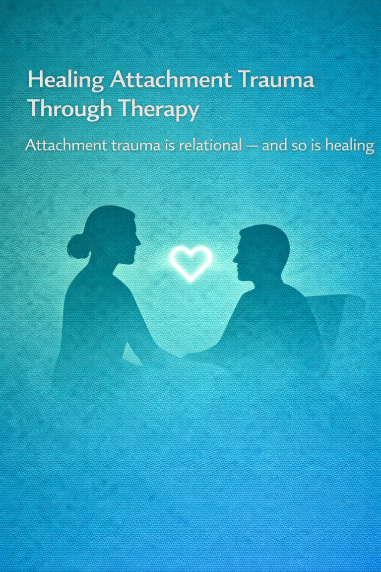 Illustration of two seated silhouettes facing each other and holding hands, with a glowing heart between them, symbolizing healing attachment trauma through supportive therapy.