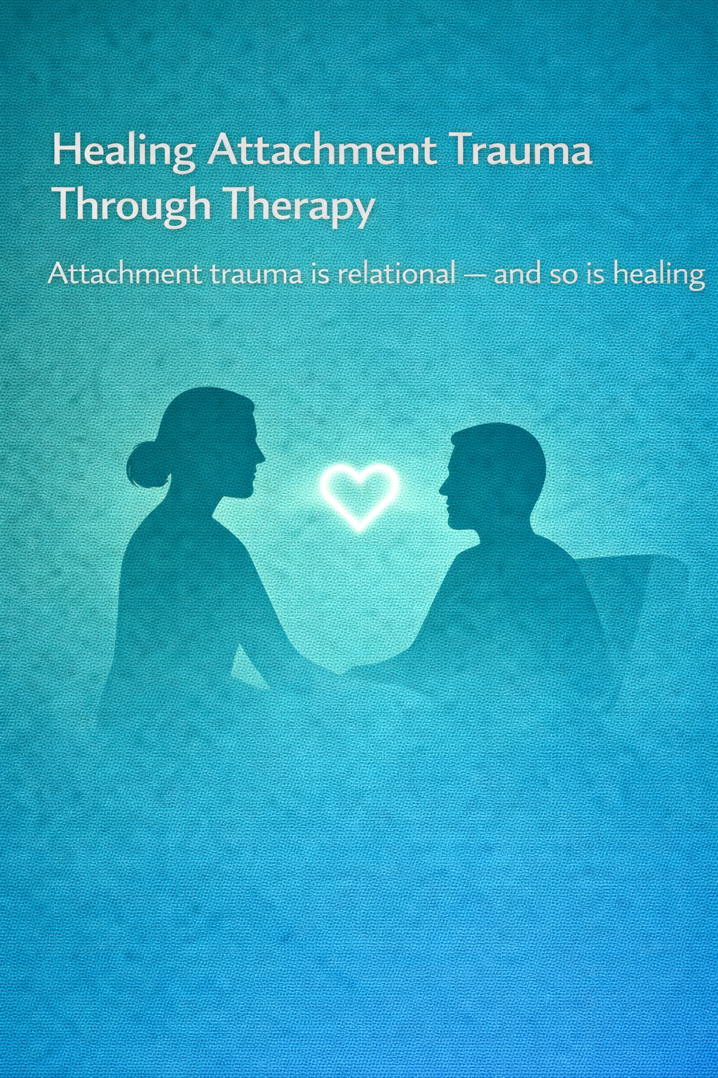Illustration of two seated silhouettes facing each other and holding hands, with a glowing heart between them, symbolizing healing attachment trauma through supportive therapy.