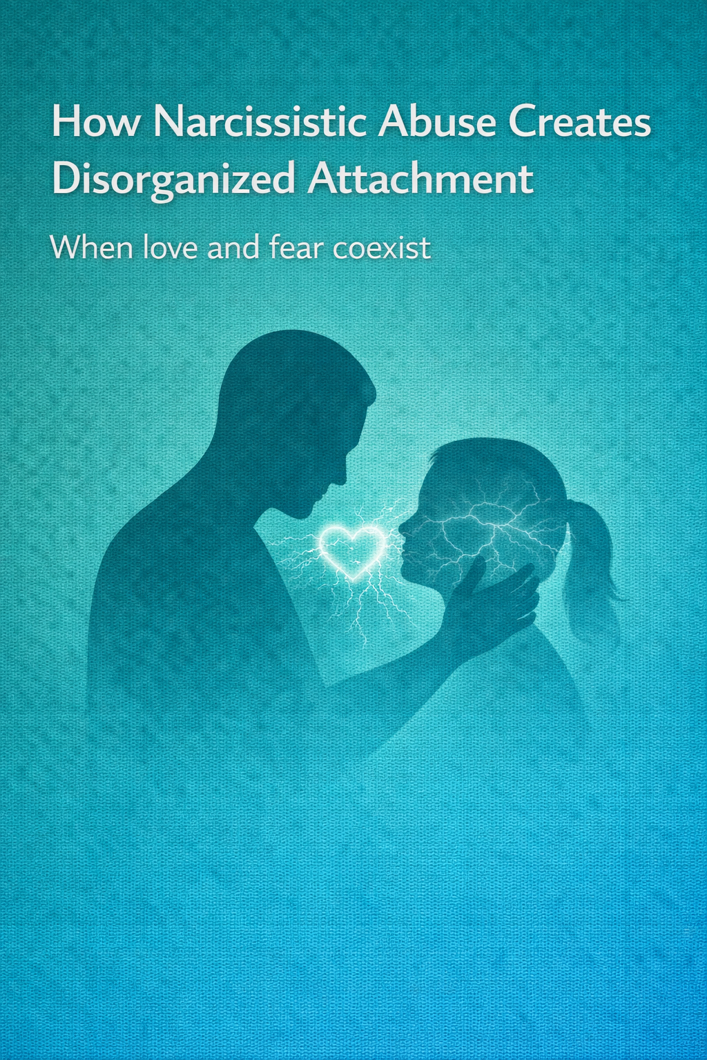 Illustration of two silhouetted figures facing each other, one touching the other’s face, with a glowing heart cracked by lightning between them, symbolizing disorganized attachment caused by narcissistic abuse.