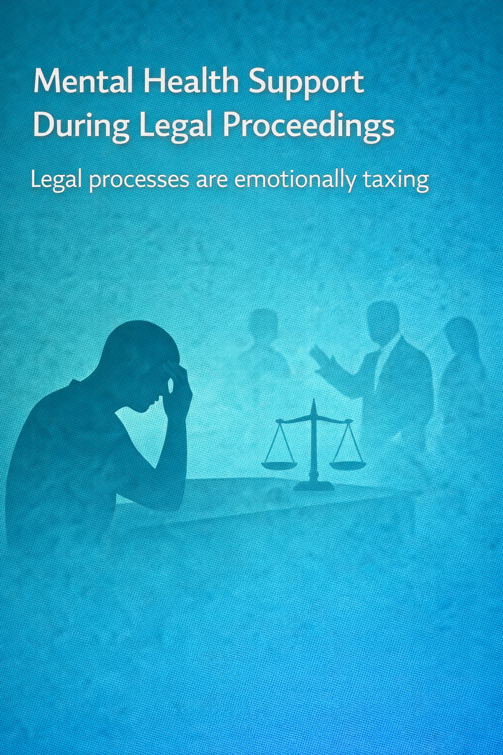 Illustration of a distressed person holding their head beside scales of justice, representing emotional strain during legal proceedings.