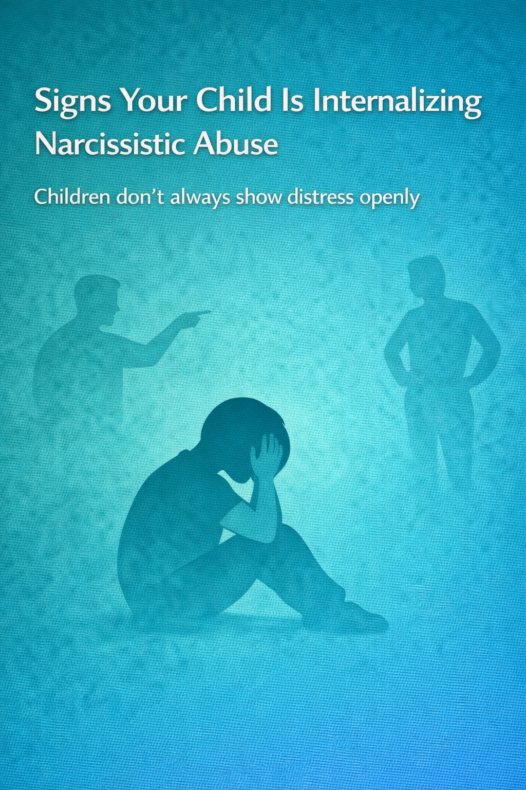 Illustration of a child sitting with head in hands while adult silhouettes argue and point nearby, symbolizing a child internalizing narcissistic abuse.