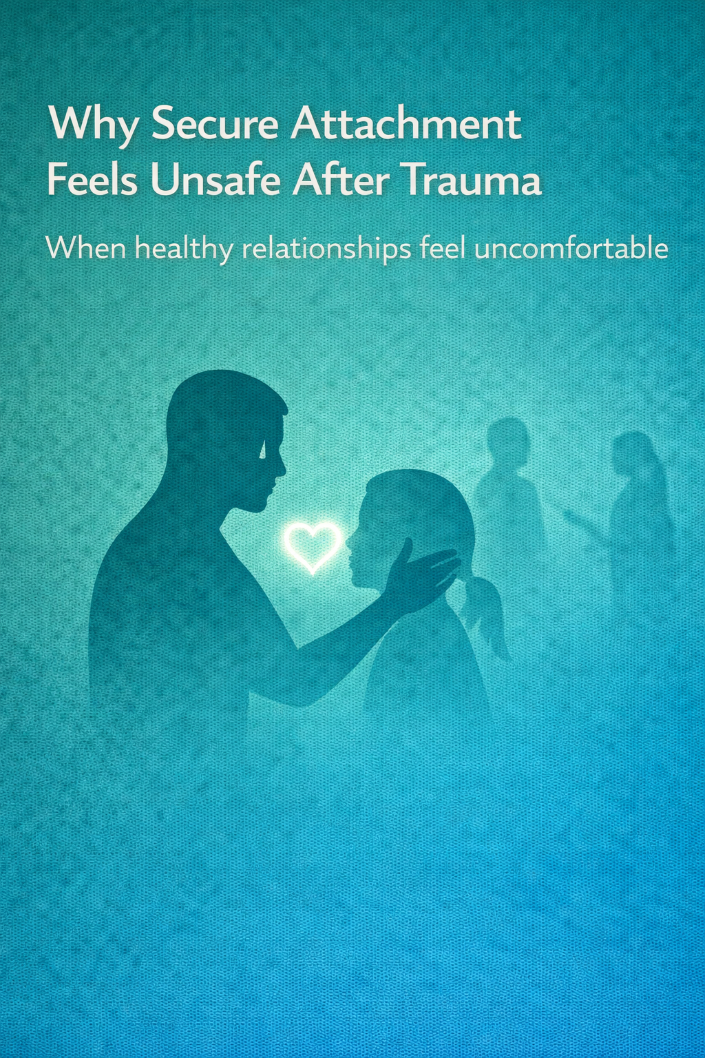 Illustration of two silhouetted figures gently facing each other with a glowing heart between them, while distant shadowy figures suggest discomfort and fear around secure attachment after trauma.