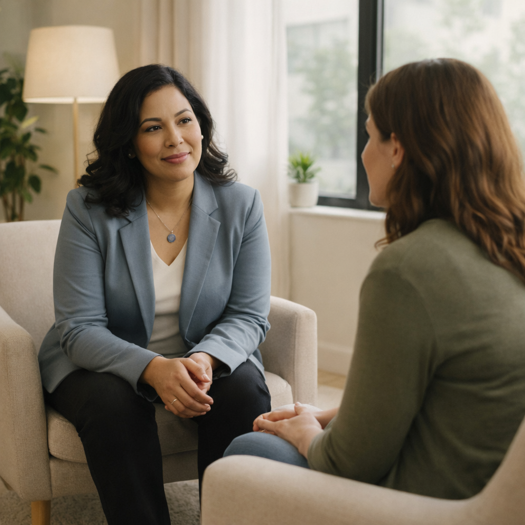 Therapist and client seated in a calm office, engaged in a supportive therapy conversation.