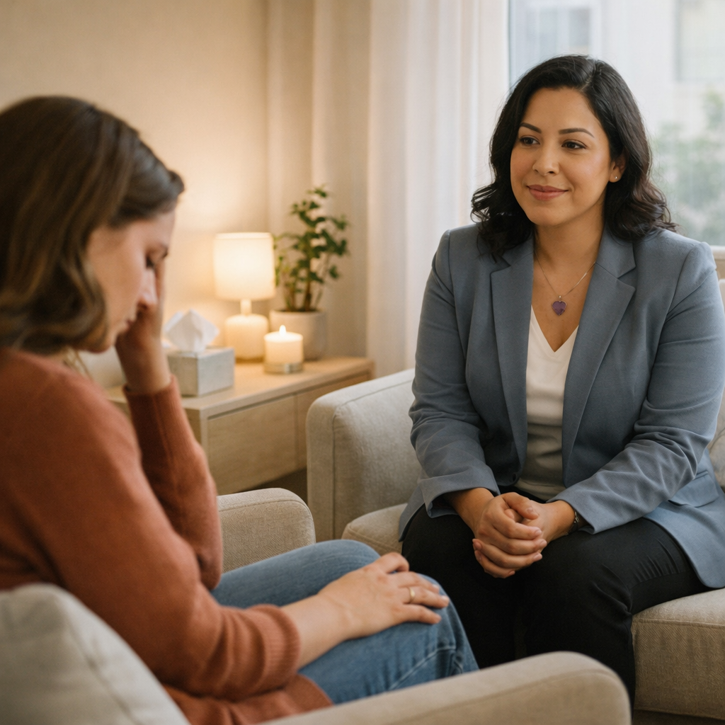 Therapist listens compassionately as a client sits with head lowered in a calm therapy room.