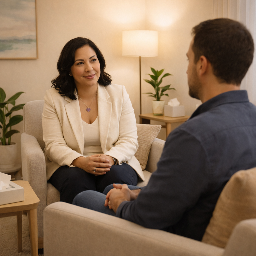 Therapist listens attentively to a client during a calm, supportive therapy session.