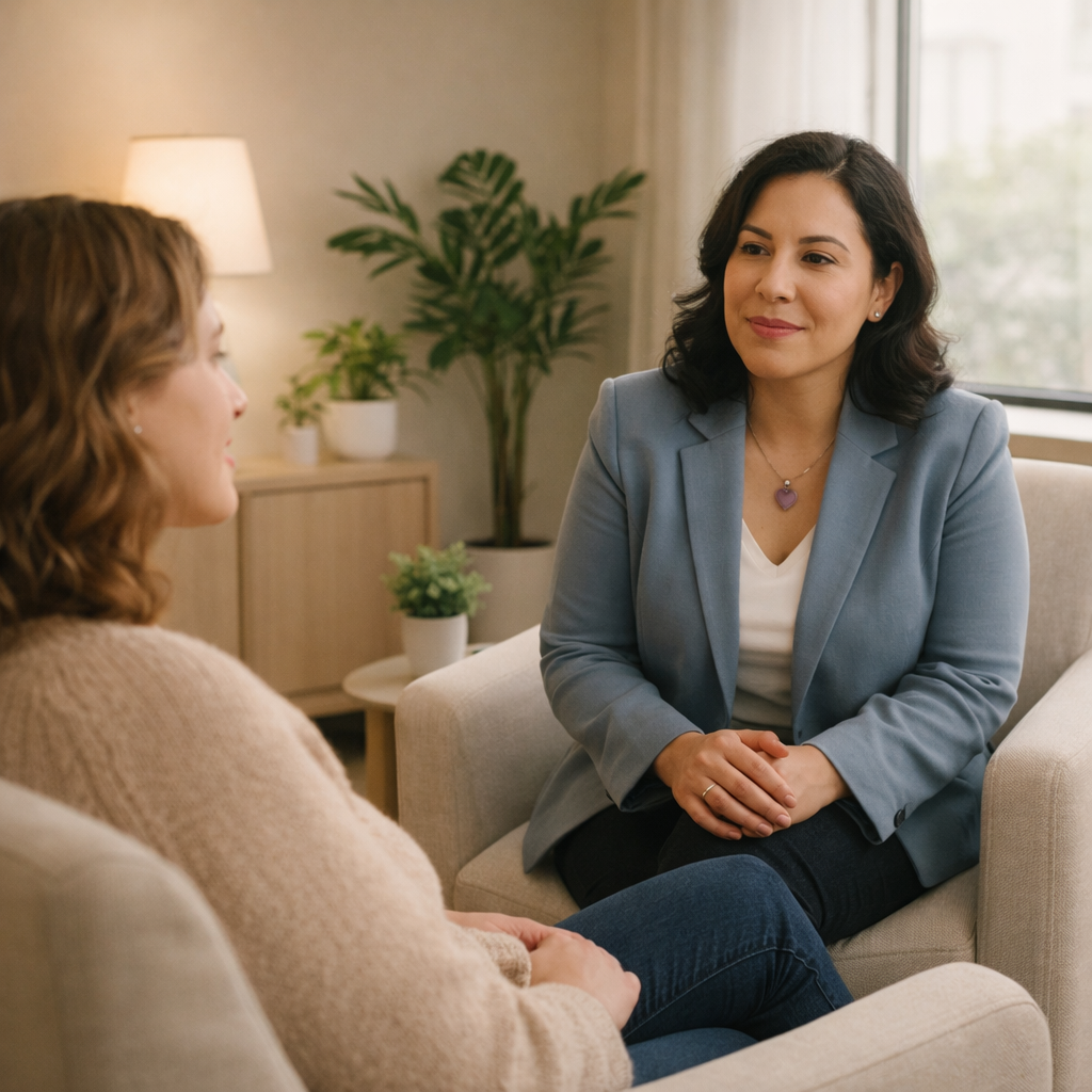 Therapist sits calmly with a client in a warm, supportive therapy setting.