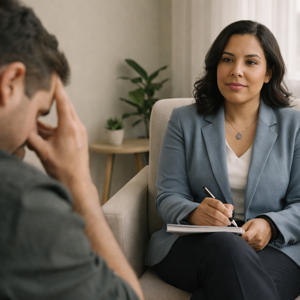 A therapist-mediator sits upright and composed, gently but firmly guiding a structured session between two separated parents.