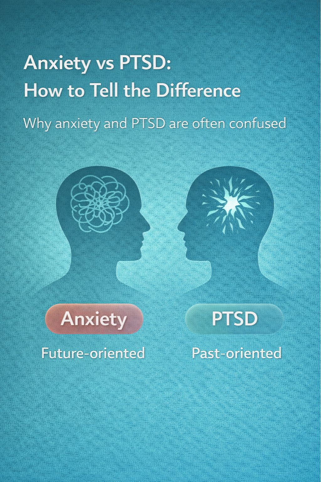 Graphic titled ‘Anxiety vs PTSD: How to Tell the Difference,’ showing two head silhouettes facing each other, one labeled Anxiety with tangled thoughts and the other labeled PTSD with a burst symbol, comparing future-oriented versus past-oriented stress.