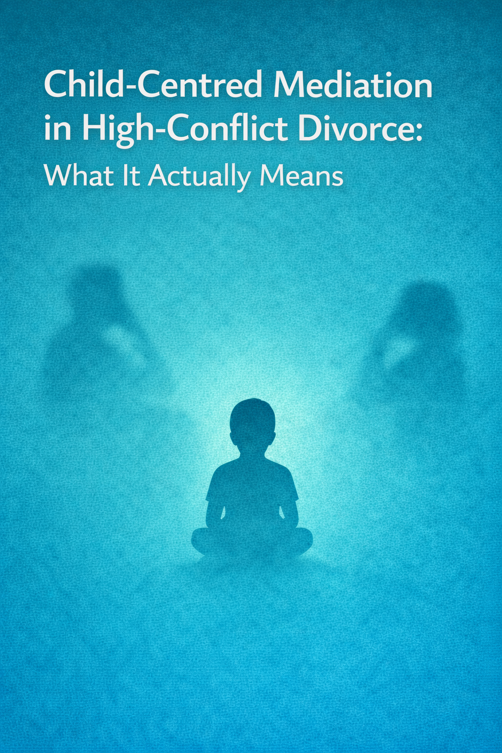Illustration titled ‘Child-Centred Mediation in High-Conflict Divorce: What It Actually Means,’ showing a child sitting alone in the foreground with blurred silhouettes of arguing parents in the background.