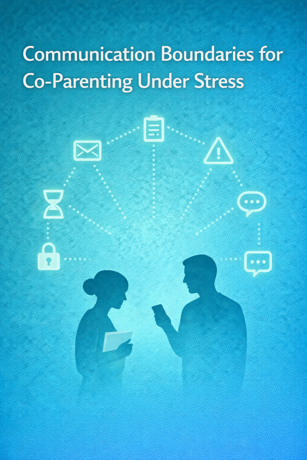 Illustration titled ‘Communication Boundaries for Co-Parenting Under Stress,’ showing two parents facing each other with a phone and papers, surrounded by icons representing email, messaging, documents, time limits, warnings, and privacy.