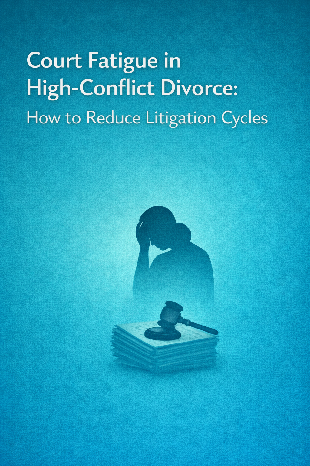 Illustration titled “Court Fatigue in High-Conflict Divorce: How to Reduce Litigation Cycles,” showing a stressed woman holding her head above a stack of legal papers with a judge’s gavel on top.