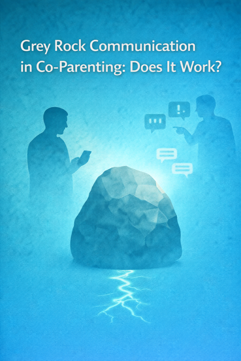 Illustration titled ‘Grey Rock Communication in Co-Parenting: Does It Work?’ showing a large rock between two arguing figures, one holding a phone, symbolizing emotional detachment during conflict.