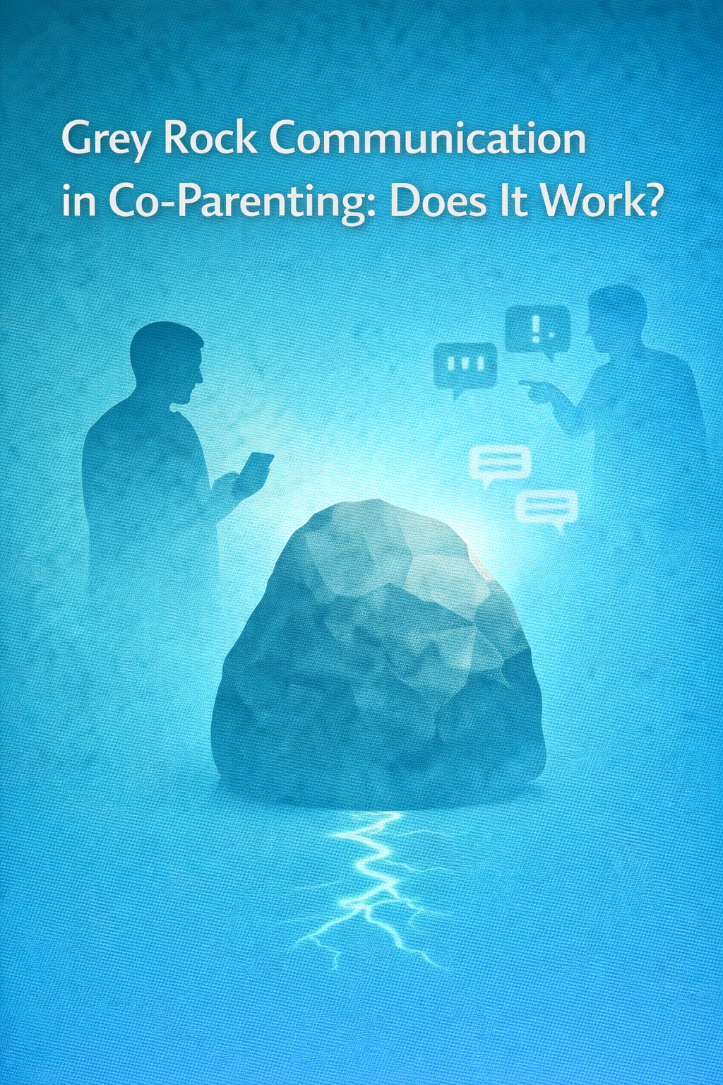 Illustration titled ‘Grey Rock Communication in Co-Parenting: Does It Work?’ showing a large rock between two arguing figures, one holding a phone, symbolizing emotional detachment during conflict.