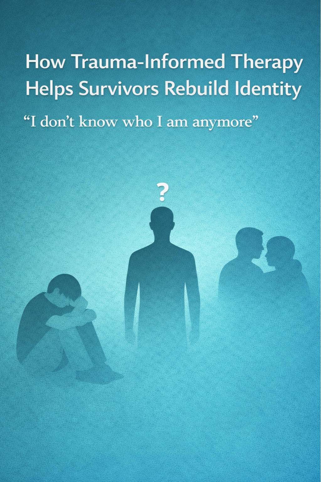 Graphic titled ‘How Trauma-Informed Therapy Helps Survivors Rebuild Identity,’ showing a central human silhouette with a question mark, surrounded by figures representing isolation, distress, and relational confusion.