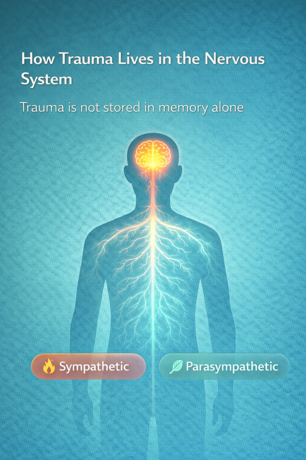 Graphic titled ‘How Trauma Lives in the Nervous System,’ showing a human silhouette with a highlighted brain and branching nerves, illustrating sympathetic and parasympathetic nervous system responses.