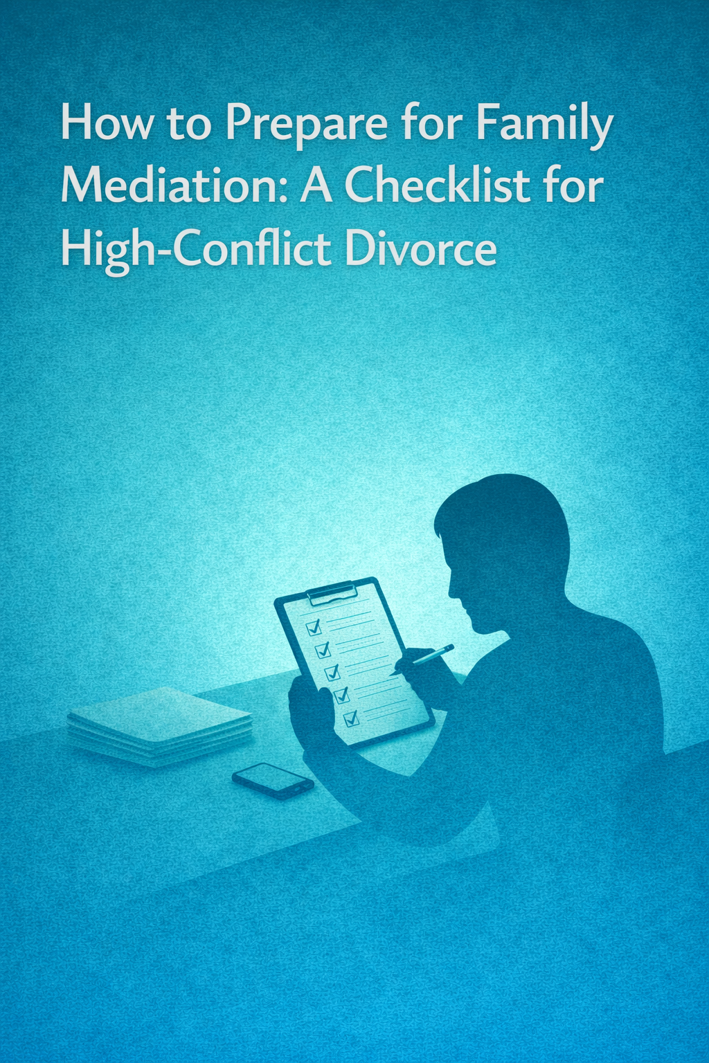 Illustration titled “How to Prepare for Family Mediation: A Checklist for High-Conflict Divorce,” showing a man reviewing a checklist on a clipboard at a desk with papers and a phone nearby.