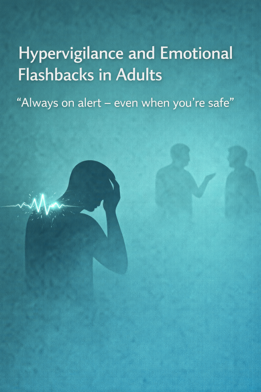 Graphic titled ‘Hypervigilance and Emotional Flashbacks in Adults,’ showing a silhouetted person holding their head with a glowing stress line, while blurred figures in the background suggest perceived threat despite safety.