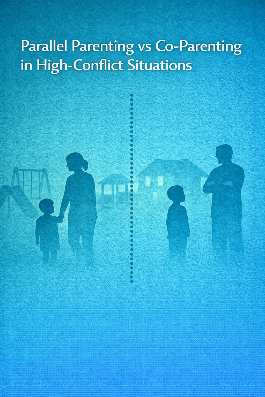 Illustration showing parallel parenting vs co-parenting in high-conflict situations, with separated parents and children on opposite sides of a dotted dividing line, homes in the background.