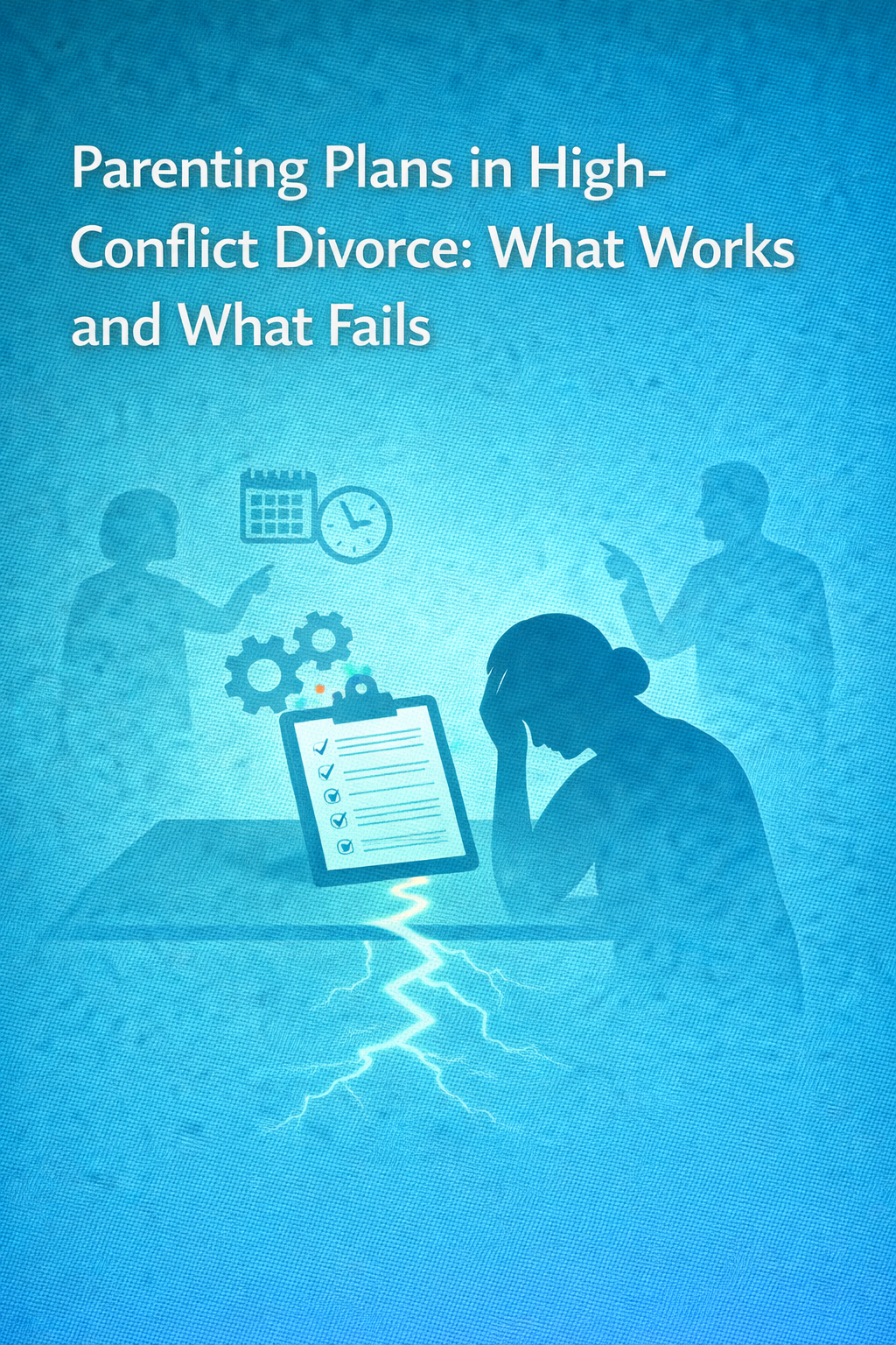 Illustration titled ‘Parenting Plans in High-Conflict Divorce: What Works and What Fails,’ showing a stressed parent holding their head at a table with a checklist, calendar, and gears, while two shadowed figures argue in the background and a crack splits the table below.