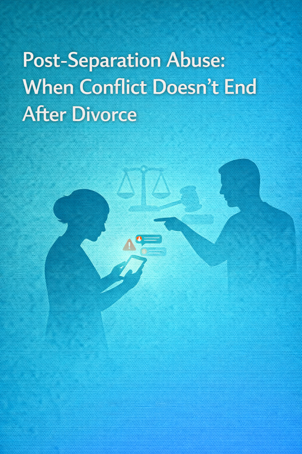Illustration titled ‘Post-Separation Abuse: When Conflict Doesn’t End After Divorce,’ showing a man pointing aggressively at a woman holding a phone, with legal symbols faintly in the background.