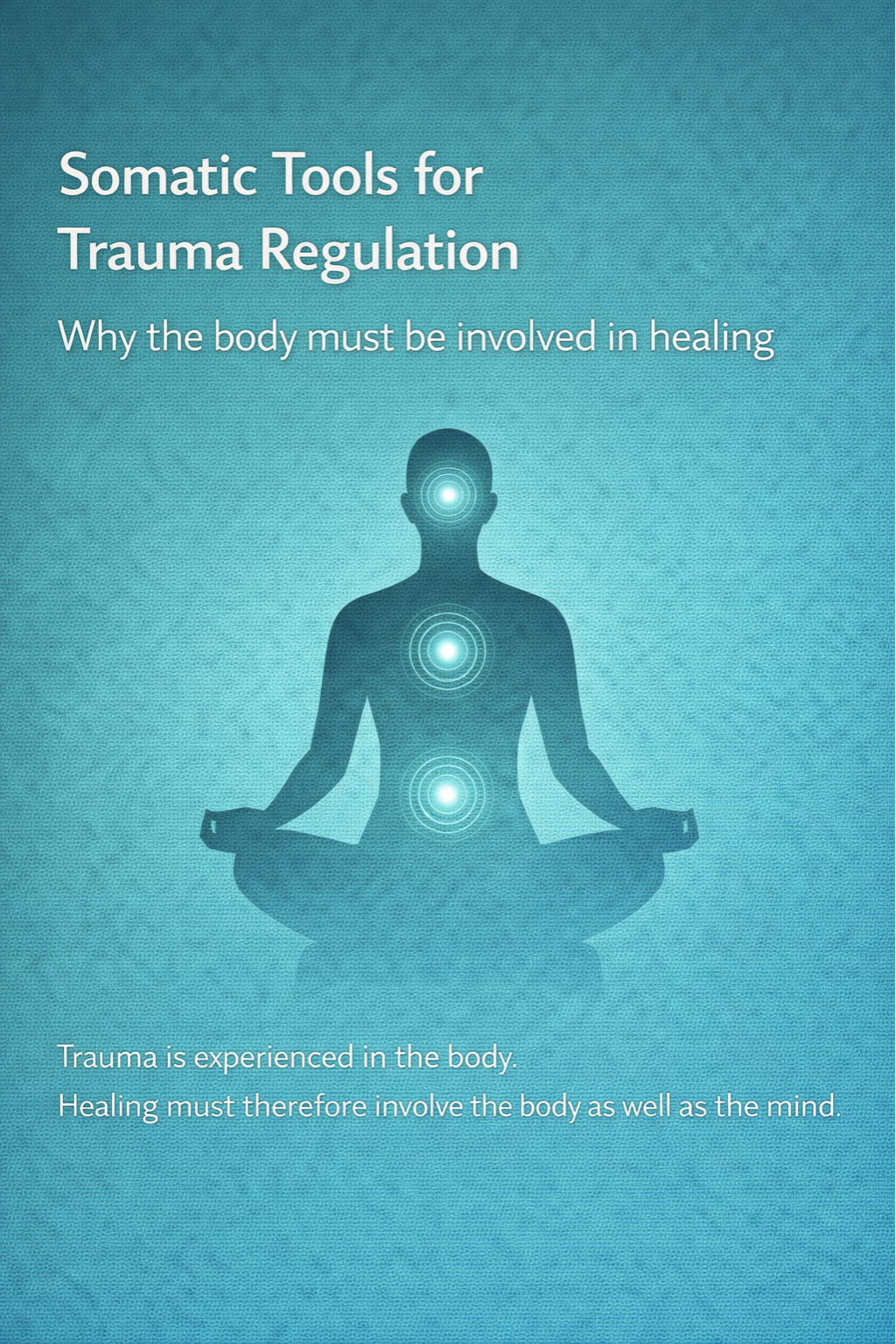 Graphic titled ‘Somatic Tools for Trauma Regulation,’ showing a seated meditating silhouette with glowing points along the head, chest, and abdomen, symbolizing body-based healing and nervous system regulation.