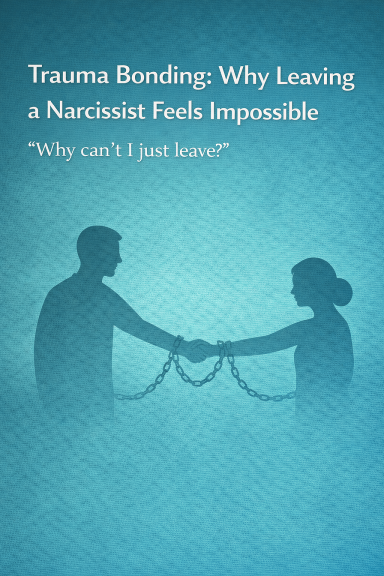 Graphic titled ‘Trauma Bonding: Why Leaving a Narcissist Feels Impossible,’ showing two adult silhouettes holding hands while bound by chains, symbolizing emotional attachment that is difficult to break.