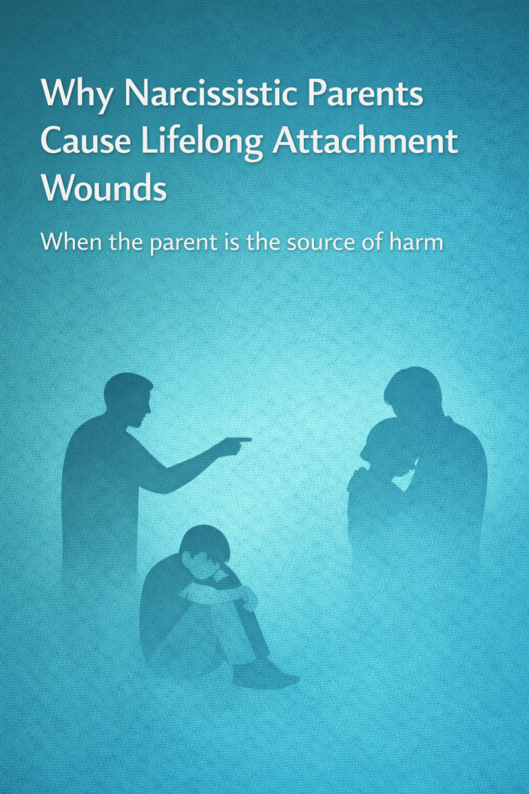 Graphic titled ‘Why Narcissistic Parents Cause Lifelong Attachment Wounds,’ showing silhouetted figures of a parent pointing, a distressed child seated on the floor, and another adult comforting a child, symbolizing attachment trauma caused by parental harm.
