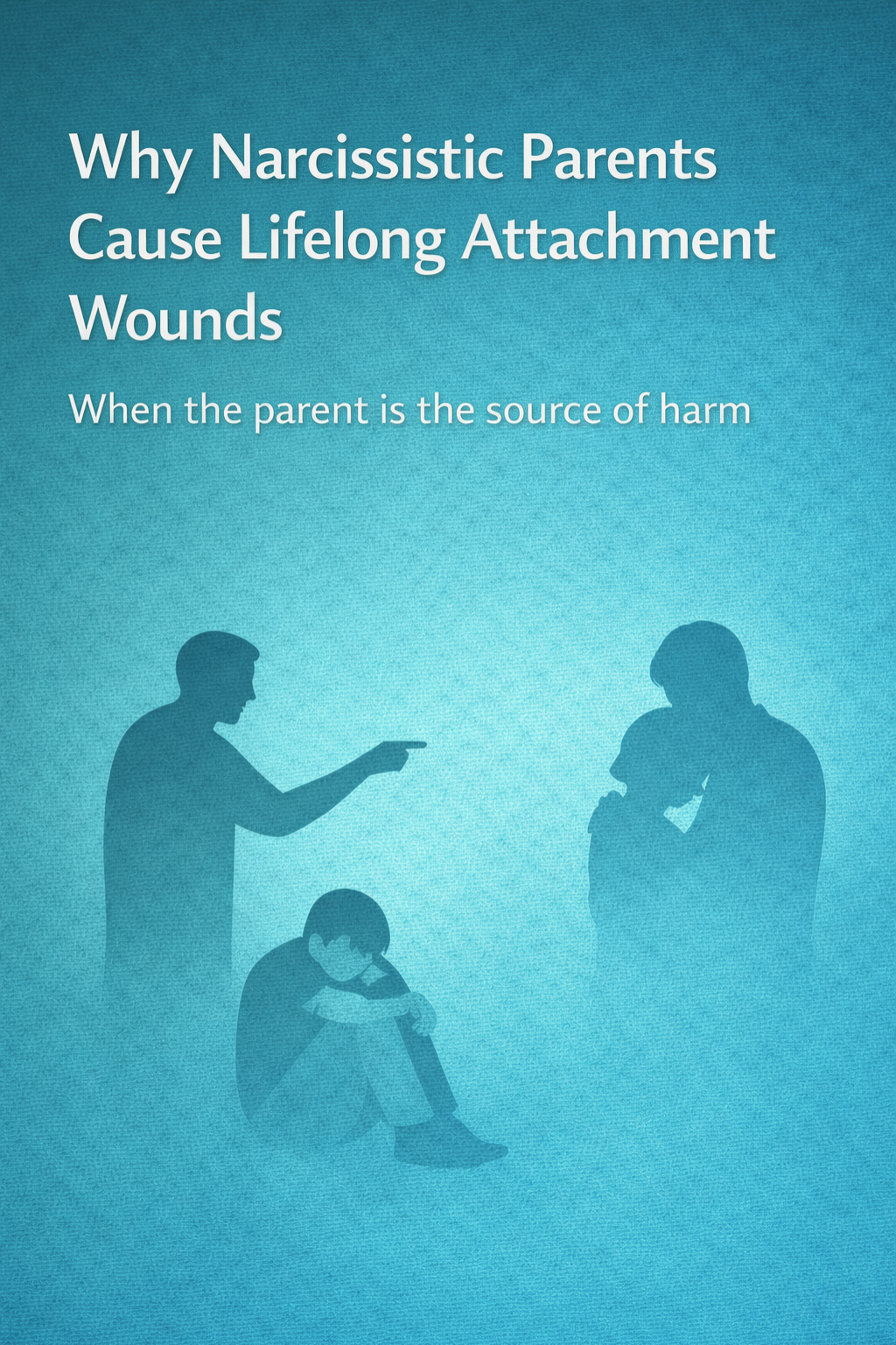 Graphic titled ‘Why Narcissistic Parents Cause Lifelong Attachment Wounds,’ showing silhouetted figures of a parent pointing, a distressed child seated on the floor, and another adult comforting a child, symbolizing attachment trauma caused by parental harm.