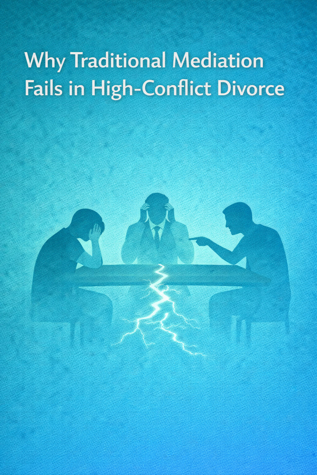 Illustration of two people arguing across a table with a stressed mediator between them and a lightning crack splitting the table, symbolizing high-conflict divorce mediation.