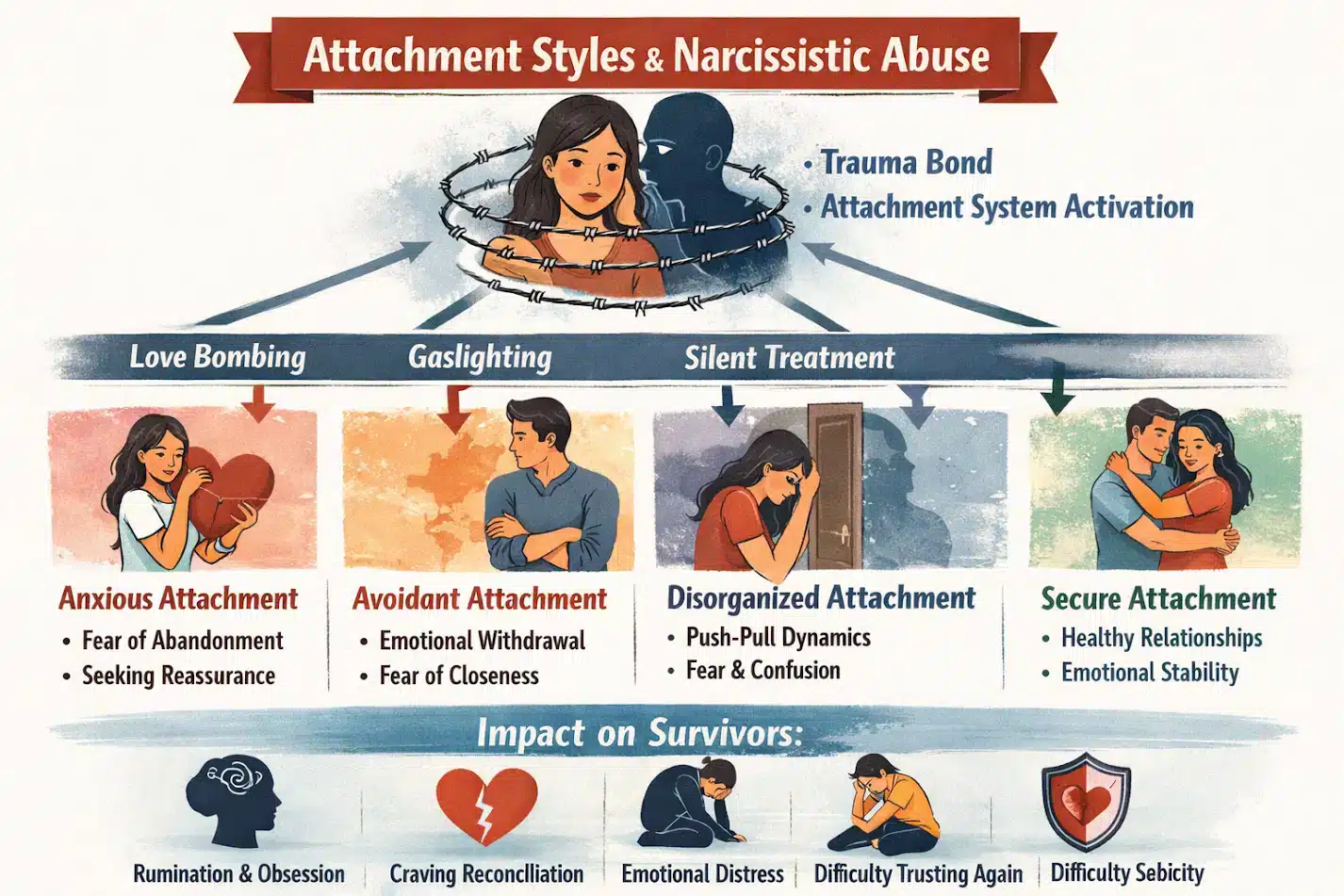 Infographic showing how attachment styles influence trauma bonds in narcissistic abuse relationships.